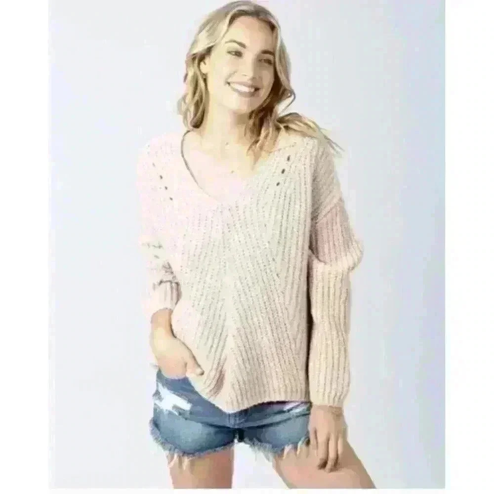 Rip Curl Womens Woven V Neck Sweater Sand Tan GSWFT4 Chunky‎ Knit Small NEW